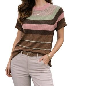 Emma James Knit Sweater Women XL Petite‎ Brown Pink Striped Mock Neck